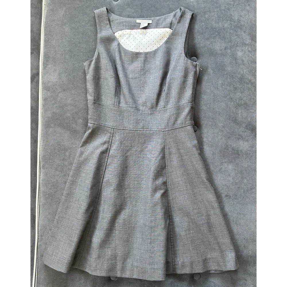 H&M Women's 4 Fit And Flare Solid Gray Dress Lined Polka Dot Pleated Scoop Neck